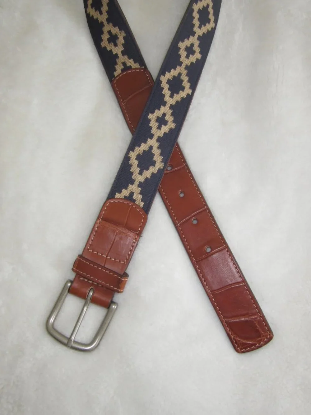 Brown Leather & Navy Patterned Men's Belt